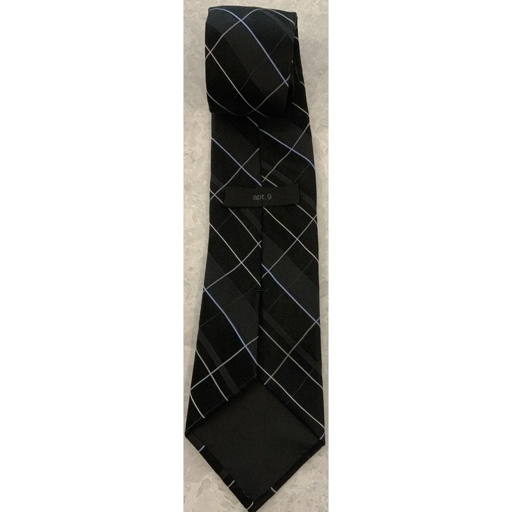 Apt 9 Black Grey Blue Plaid 100% Silk Tie 4